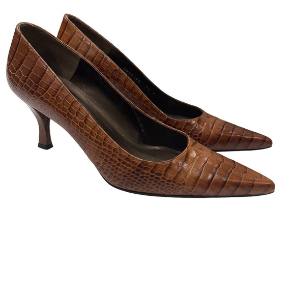 Stuart Weitzman Pumps Heels Sz 7.5 Leather Croc Embossed Brown EUC - Picture 1 of 9